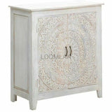 38" White Washed Hand Carved Lace Mandala Design Accent Cabinet Accent Cabinets LOOMLAN By LOOMLAN