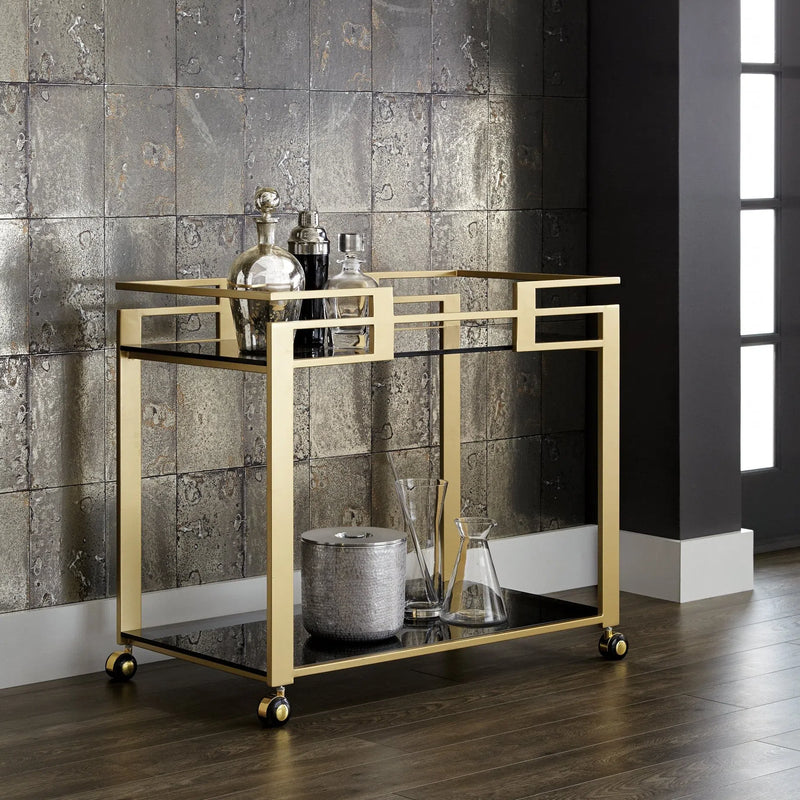 Avondale Bar Cart Gold Frame Black Glass Shelves