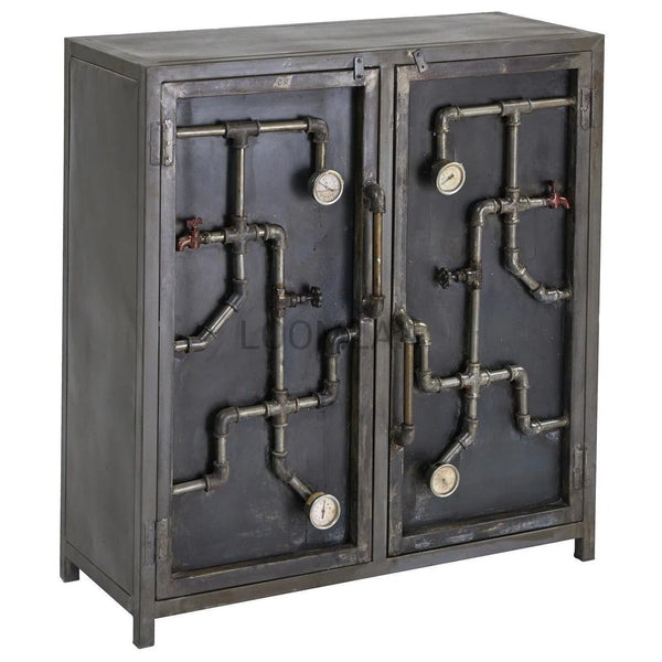 40" Black Steampunk Pipes and Gauges Slim Accent Cabinet Accent Cabinets LOOMLAN By LOOMLAN