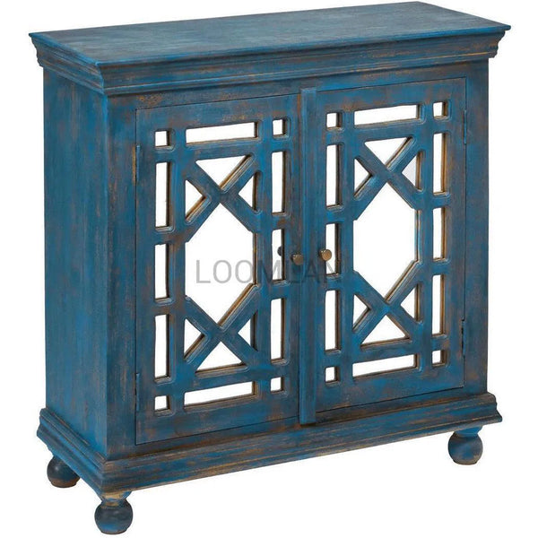 OPEN BOX 40" Distressed Navy Blue Mirrored Overlay Doors Accent Cabinet Accent Cabinets LOOMLAN By LOOMLAN