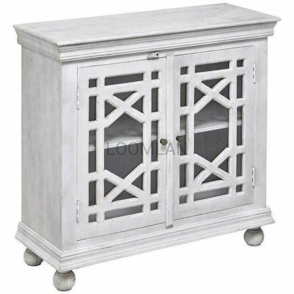 40" Distressed White Glass Trellis Doors Accent Cabinet Accent Cabinets LOOMLAN By LOOMLAN