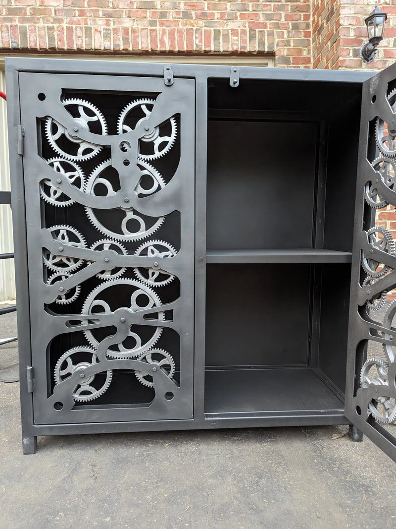 40" Vintage Industrial Gears Black Metal Accent Cabinet-Accent Cabinets-LOOMLAN-LOOMLAN