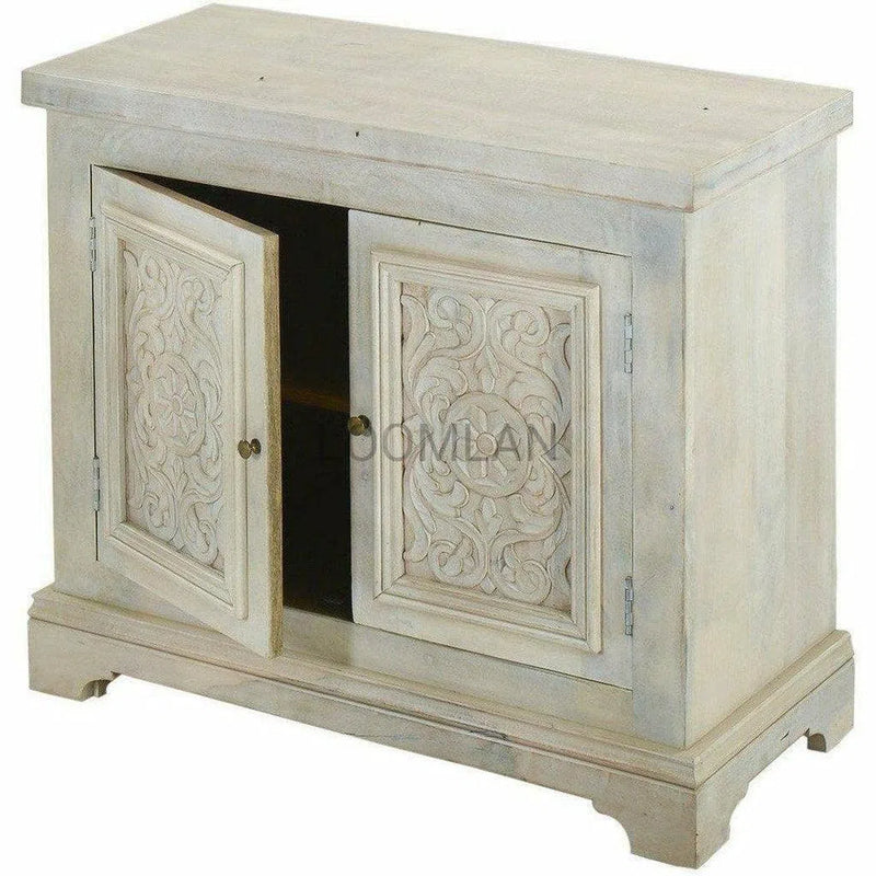 42" Antique White Farmhouse Hand Carved Nightstand Cabinet Nightstands LOOMLAN By LOOMLAN