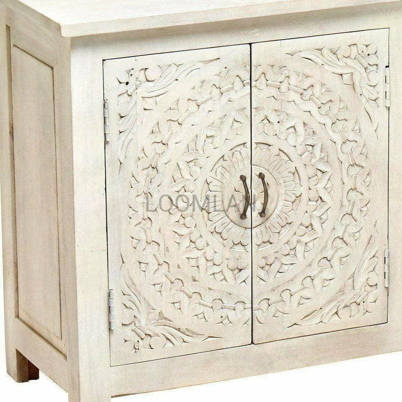 46" Antiqued White Distressed Hand Carved TV Stand TV Stands & Media Centers LOOMLAN By LOOMLAN