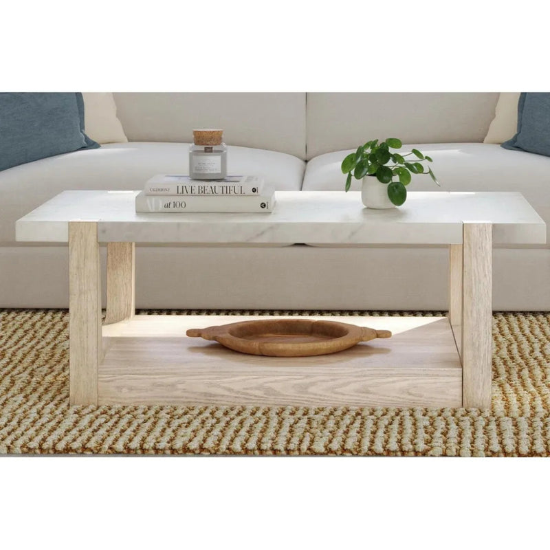 50" White Marble Coffee Table with Storage - LOOMLAN - Bassett Mirror - Coffee Tables