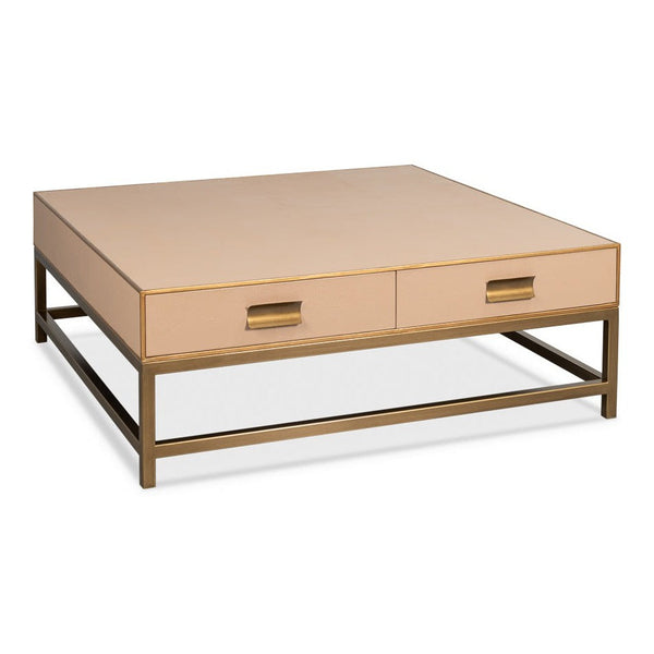 Gideon Wood and Shagreen Leather Tan Square Coffee Table