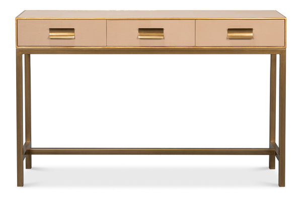Gideon Wood and Shagreen Leather Tan Rectangular Console Table