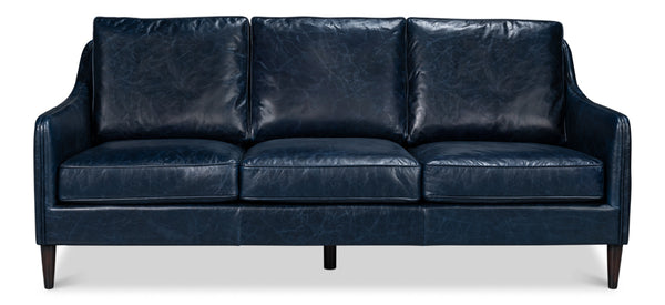 Alehandro Leather and Wood Blue Sofa