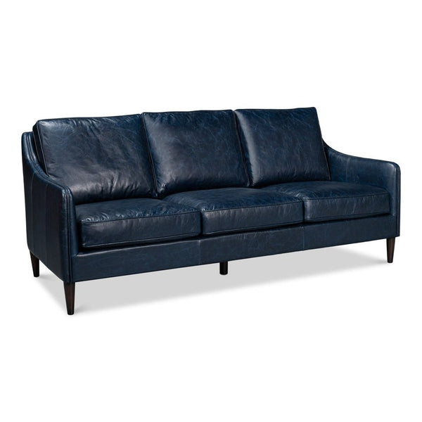 Alehandro Leather and Wood Blue Sofa