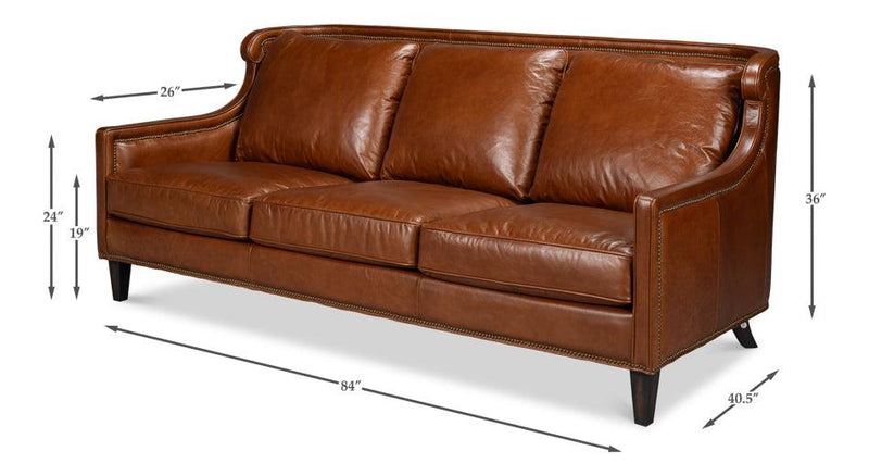 Philipe Distilled Leather and Wood Brown Sofa