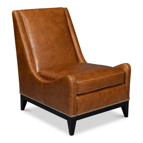 Brandy Wood and Leather Brown Armless Accent Chair