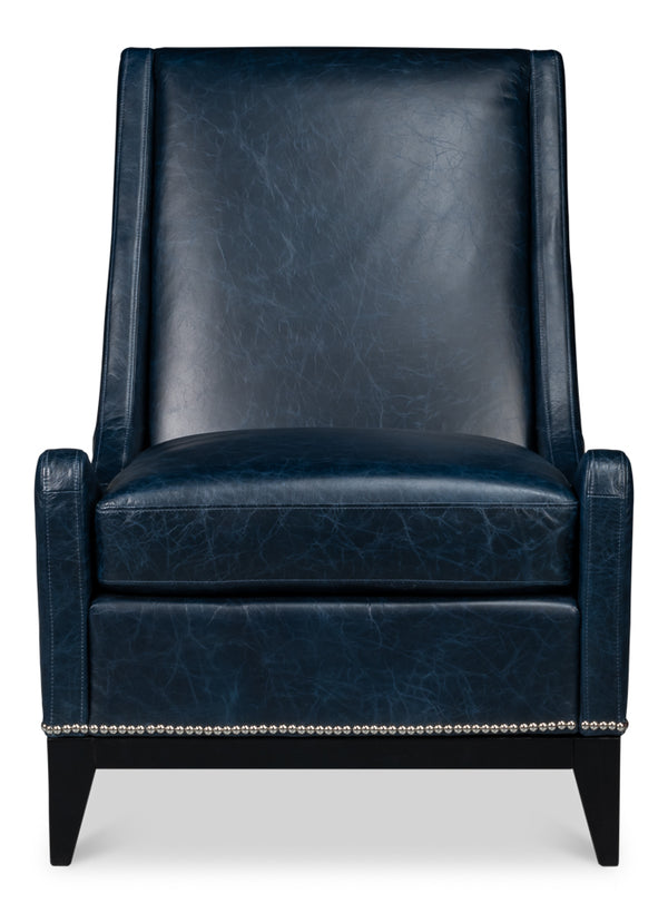 Brandy Wood and Leather Blue Armless Accent Chair