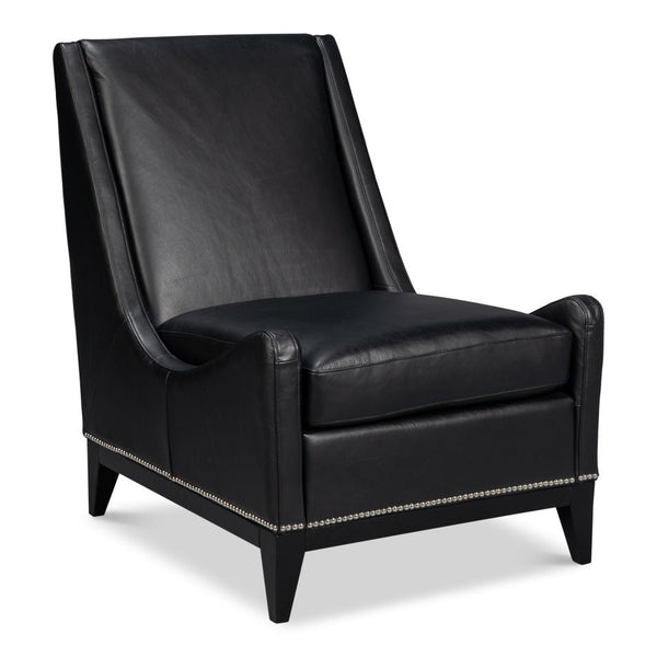 Brandy Wood and Leather Black Armless Accent Chair