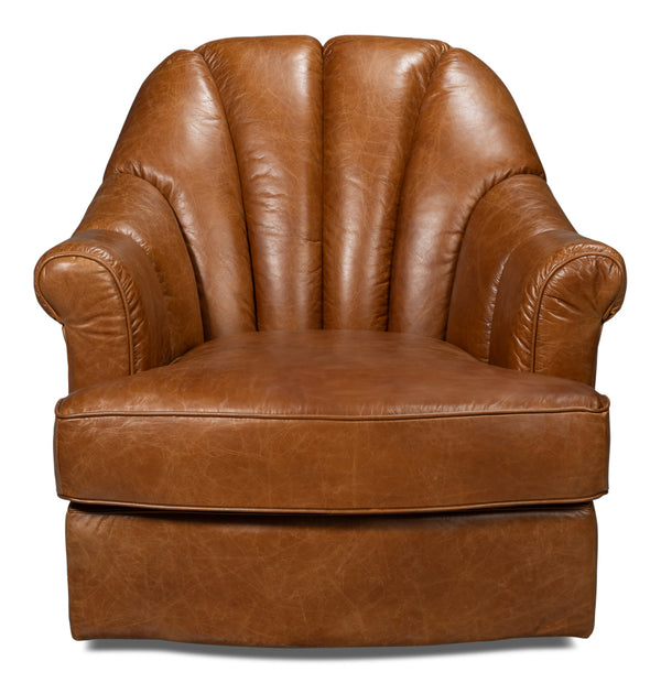 Scoth Wood and Leather Brown Swivel Arm Chair