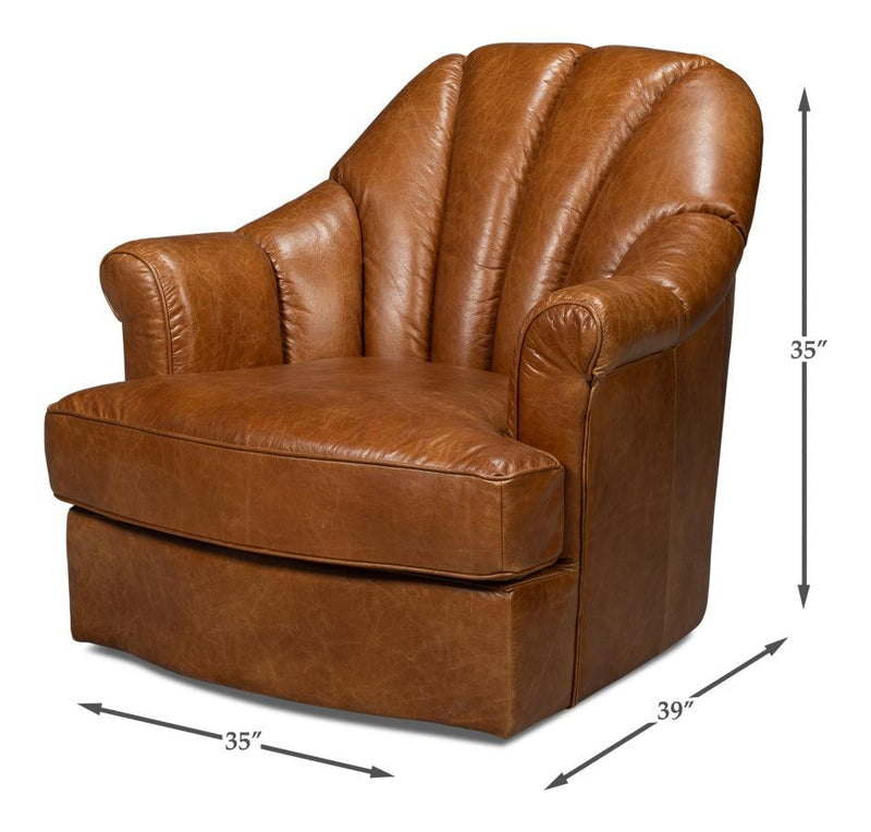 Scoth Wood and Leather Brown Swivel Arm Chair