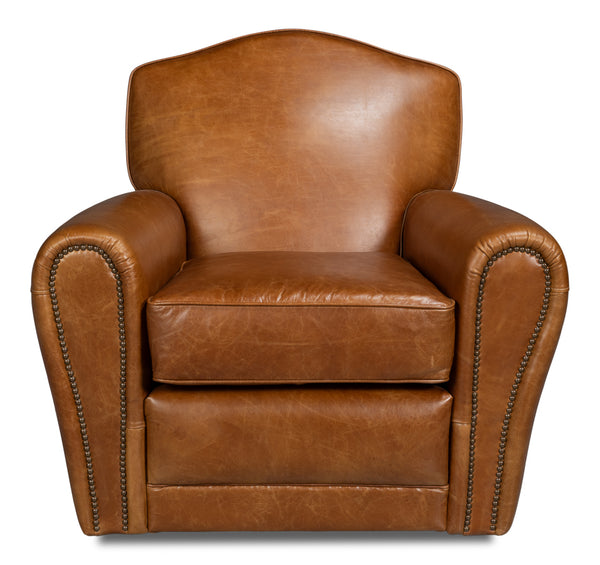 Elite French Metal and Leather Borwn Club Swivel Arm Chair