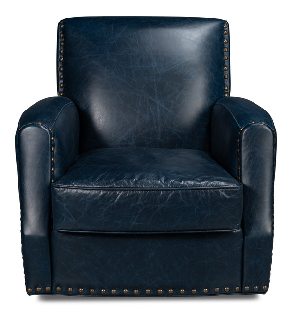 Taft Wood and Leather Blue Swivel Arm Chair