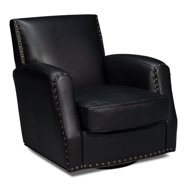 Taft Wood and Leather Black Swivel Arm Chair