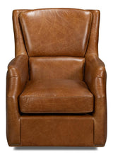 Baker Wood and Leather Brown Swivel Arm Chair
