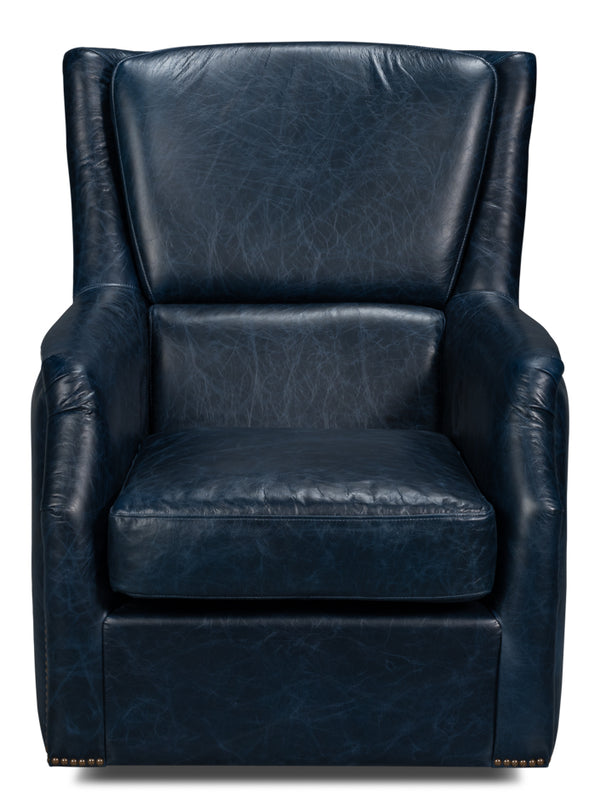 Baker Wood and Leather Blue Swivel Arm Chair