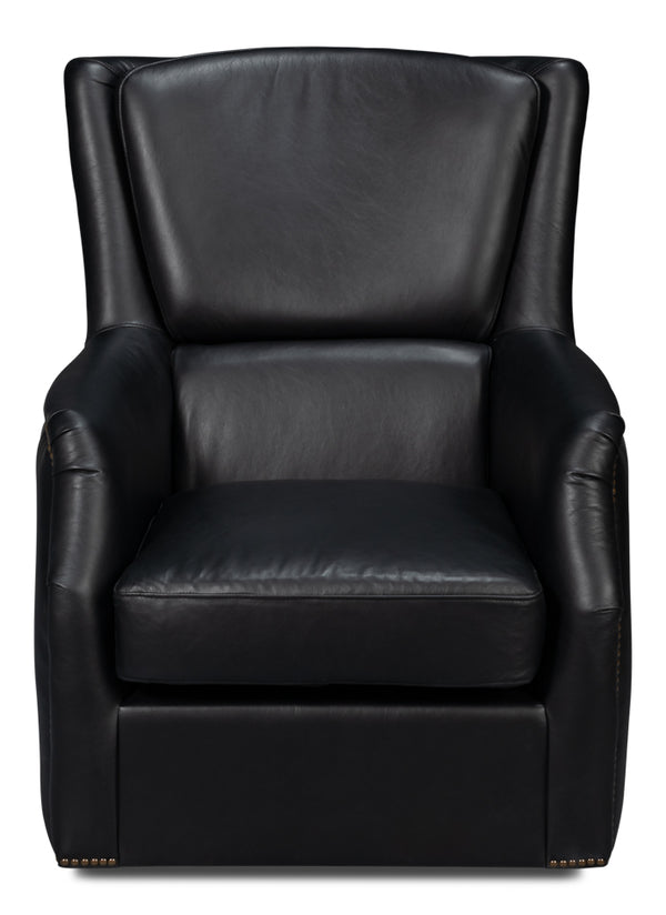 BakerWood and Leather Black Swivel Arm Chair