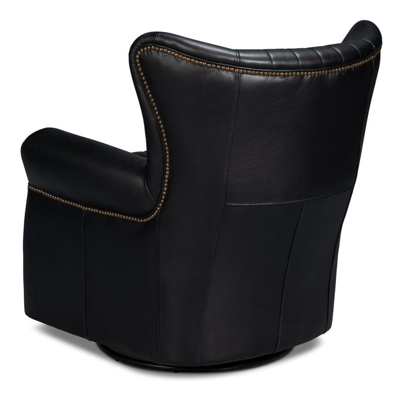 Bugatti Wood and Leather Black Swivel Arm Chair