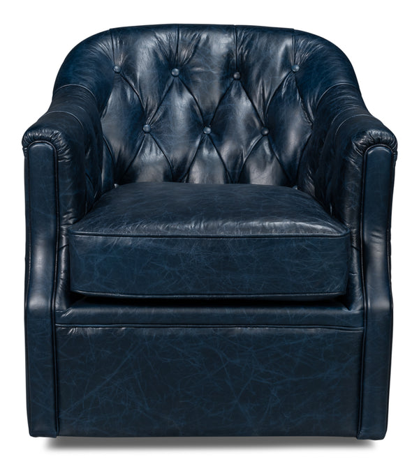 Coolidge Wood and Leather Blue Swivel Arm Chair