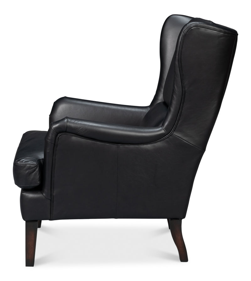 Elite Wing Wood and Leather Black Lounge Arm Chair