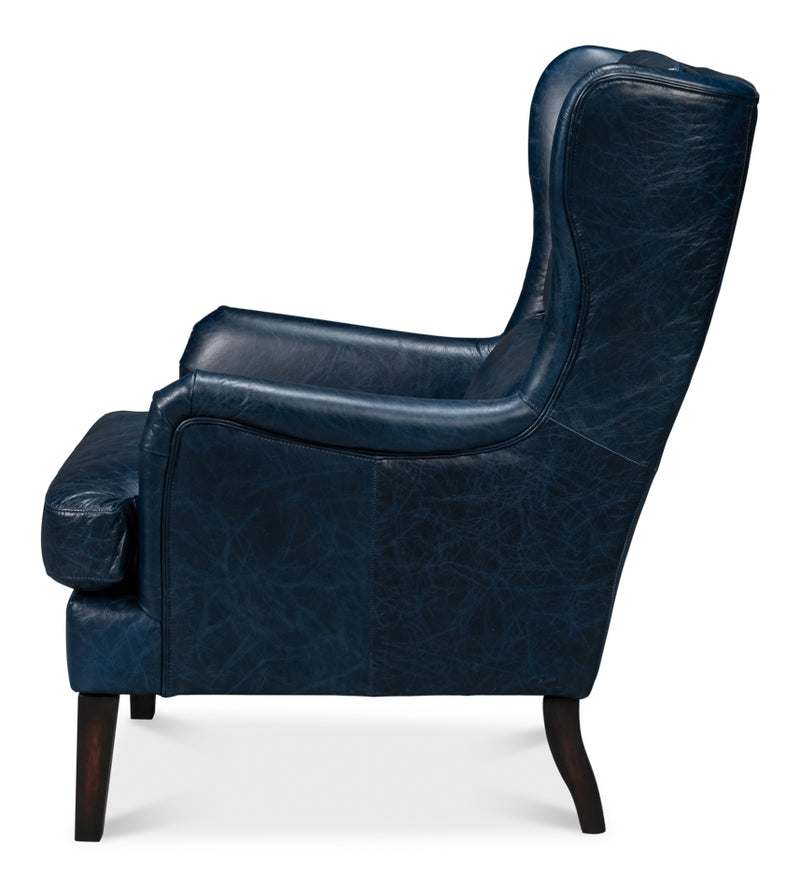 Elite Wing Wood and Leather Blue Lounge Arm Chair