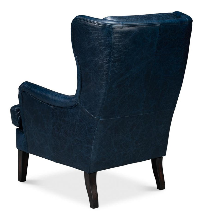 Elite Wing Wood and Leather Blue Lounge Arm Chair