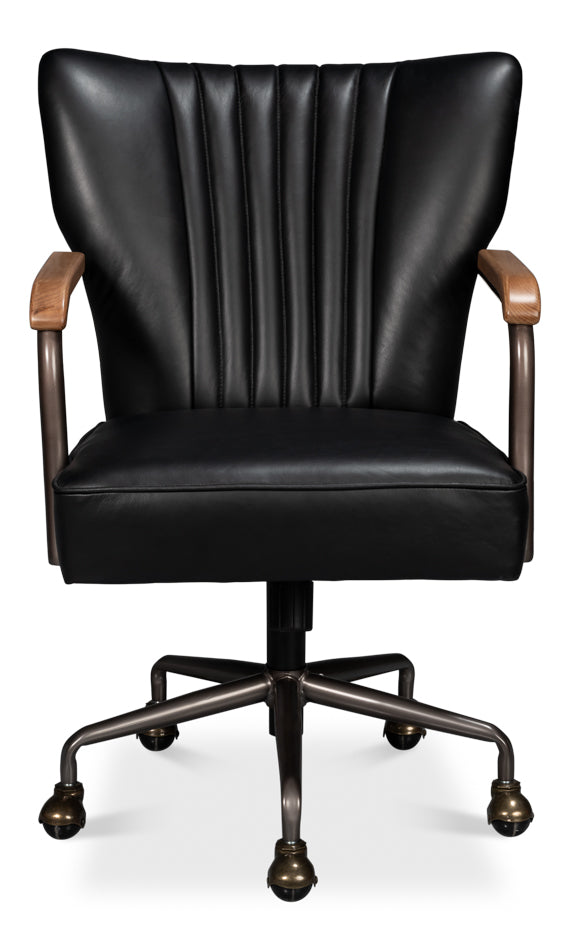 Brooks Metal and Leather Black Swivel Arm Chair