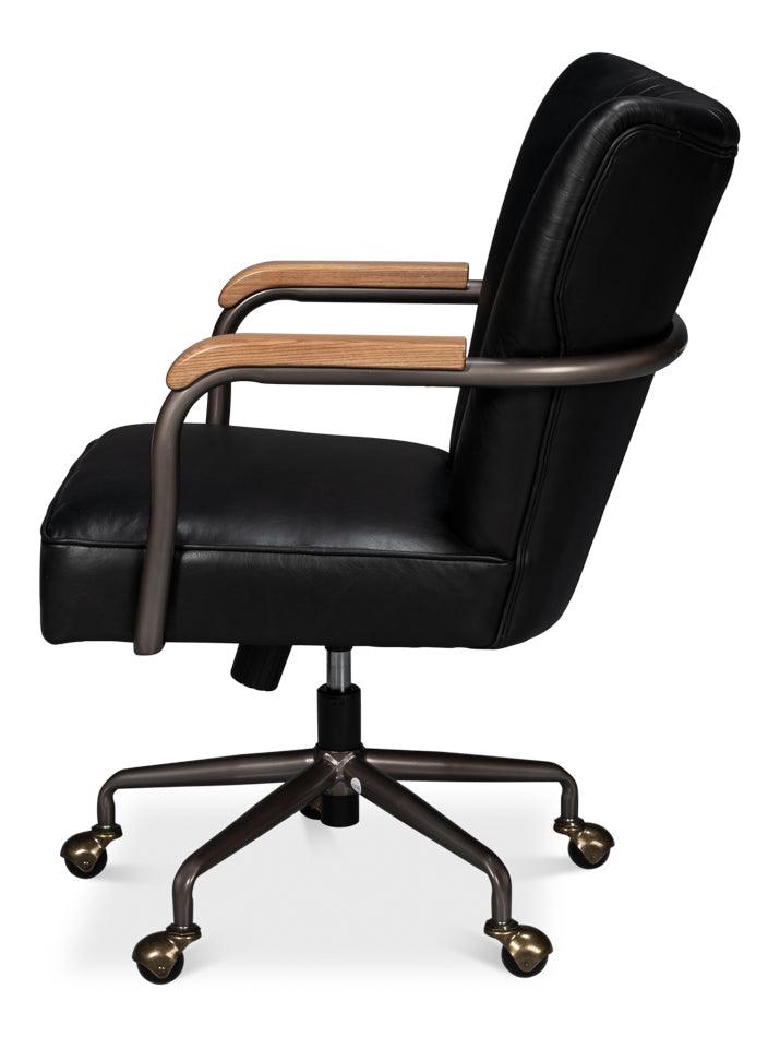 Brooks Metal and Leather Black Swivel Arm Chair