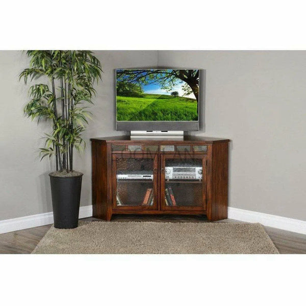 55" Dark Brown Wood Corner TV Stand Media Console With Glass Doors TV Stands & Media Centers LOOMLAN By Sunny D