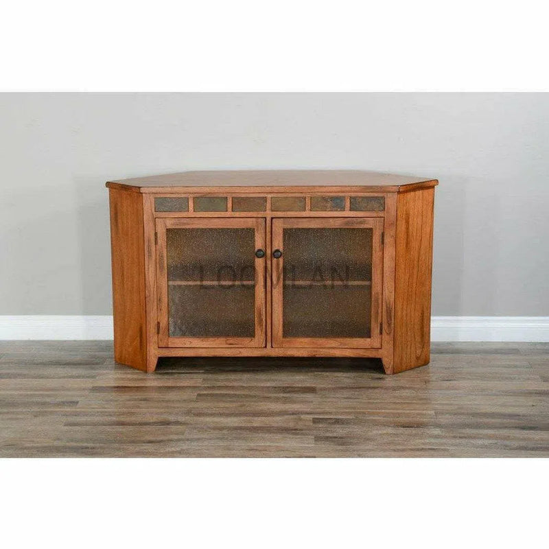 55" Oak Wood Corner TV Stand Media Console With Glass Doors TV Stands & Media Centers LOOMLAN By Sunny D
