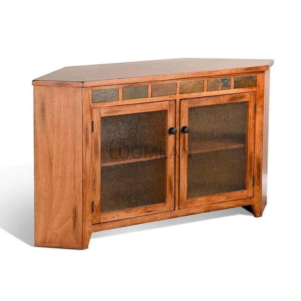 55" Oak Wood Corner TV Stand Media Console With Glass Doors TV Stands & Media Centers LOOMLAN By Sunny D
