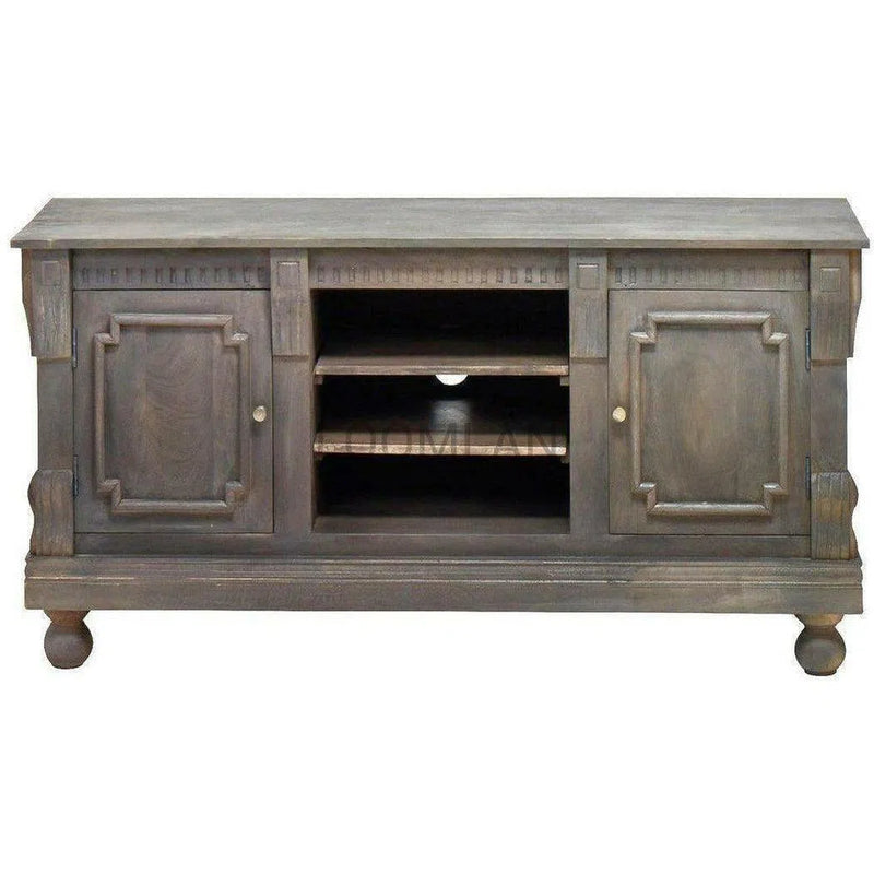 58" Solid Wood Hand Carved TV Stand Cabinet Dark Brown TV Stands & Media Centers LOOMLAN By LOOMLAN
