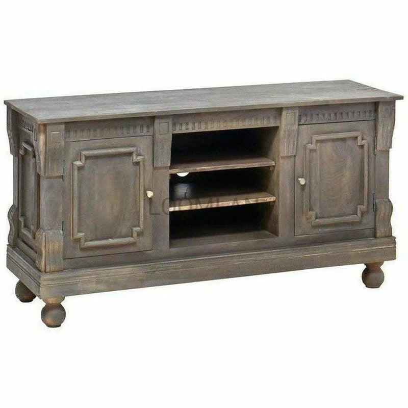 58" Solid Wood Hand Carved TV Stand Cabinet Dark Brown TV Stands & Media Centers LOOMLAN By LOOMLAN