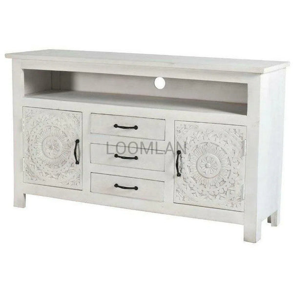 58" White Farmhouse Boho Mandala Lace Carved TV Stand TV Stands & Media Centers LOOMLAN By LOOMLAN