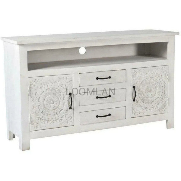 58" White Farmhouse Boho Mandala Lace Carved TV Stand TV Stands & Media Centers LOOMLAN By LOOMLAN