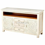 58" Whitewash TV Stand Media Console Bohemian With Drawers TV Stands & Media Centers LOOMLAN By LOOMLAN