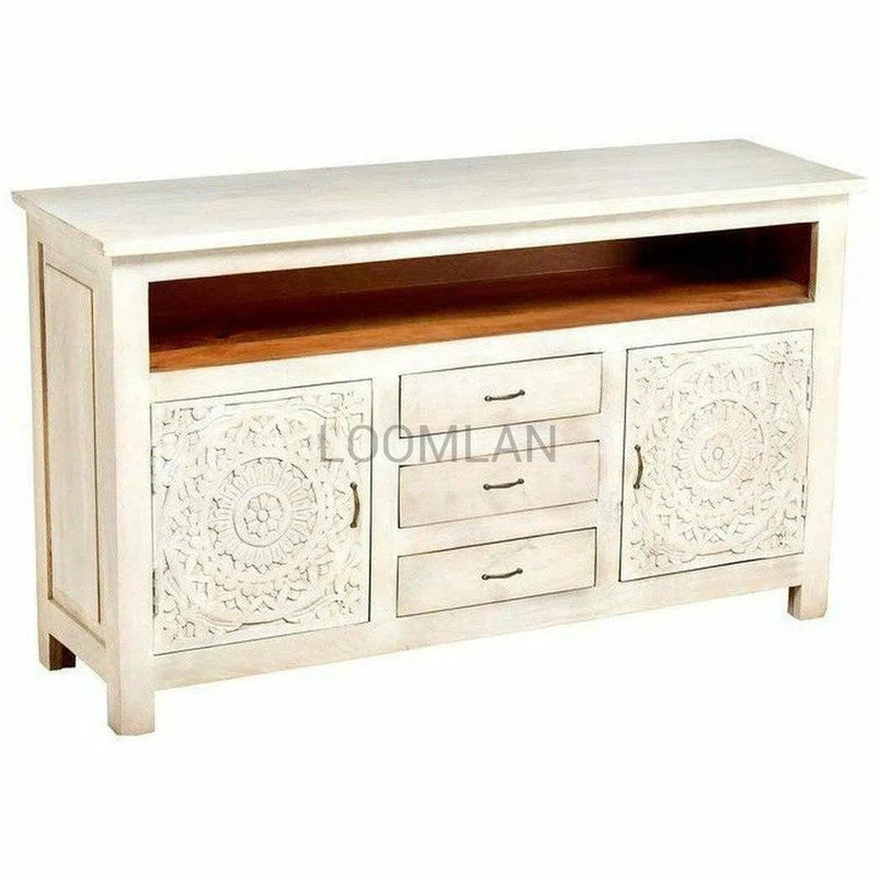 58" Whitewash TV Stand Media Console Bohemian With Drawers TV Stands & Media Centers LOOMLAN By LOOMLAN