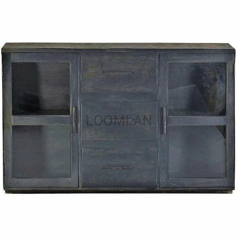 60" Black Industrial Vintage 2 Glass Doors Sideboard Cabinet Sideboards LOOMLAN By LOOMLAN