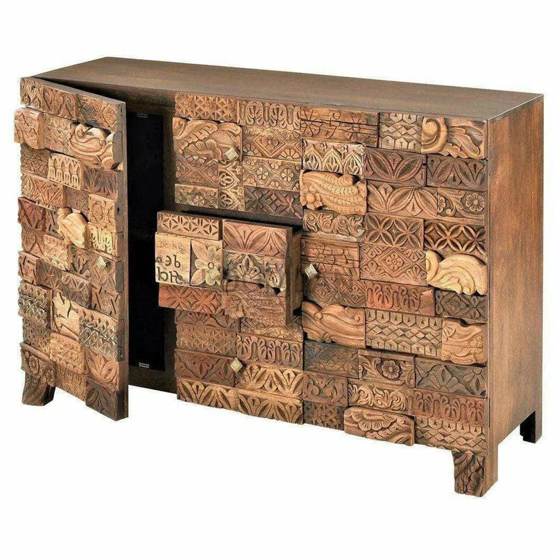 60" Farmhouse Carved Stacked Blocks Sideboard With 3 Drawers Sideboards LOOMLAN By LOOMLAN