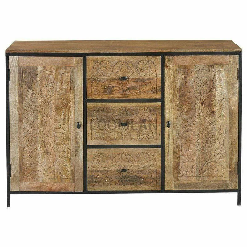 60" Hand Carved Sideboard with Drawers on Iron Frame Sideboards LOOMLAN By LOOMLAN