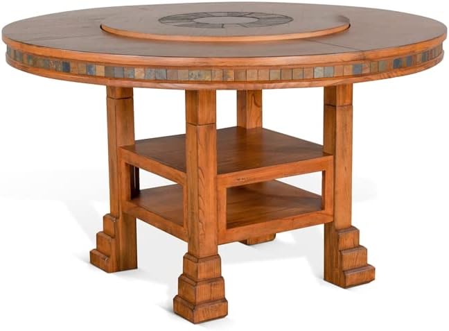 60" Natural Round Dining Table Set With 4 Barstools And Lazy Susan-Dining Table Sets-Sunny D-LOOMLAN