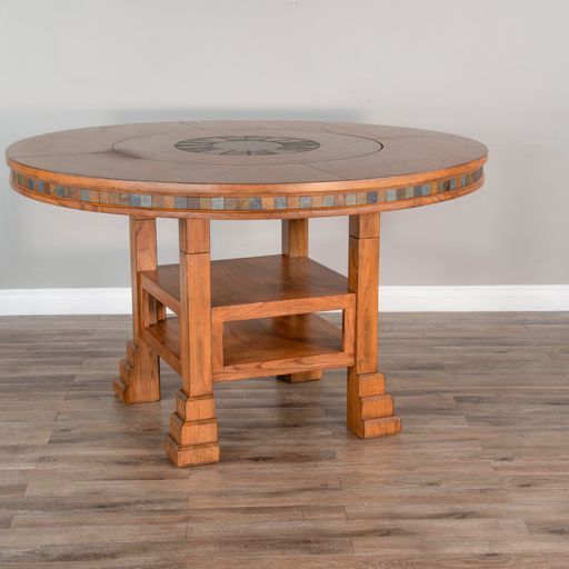 60" Natural Round Dining Table Set With 4 Barstools And Lazy Susan-Dining Table Sets-Sunny D-LOOMLAN
