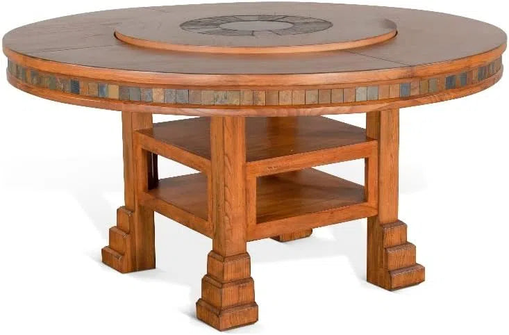 60" Natural Round Dining Table Set With Chairs And Lazy Susan-Dining Table Sets-Sunny D-LOOMLAN