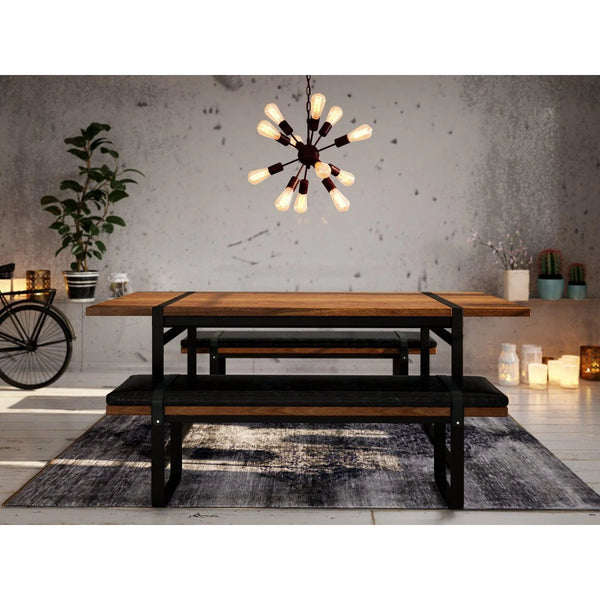 61" Black Leather Padded Seat and Iron Wood Frame Bench for Dining Room Dining Benches LOOMLAN By LHIMPORTS