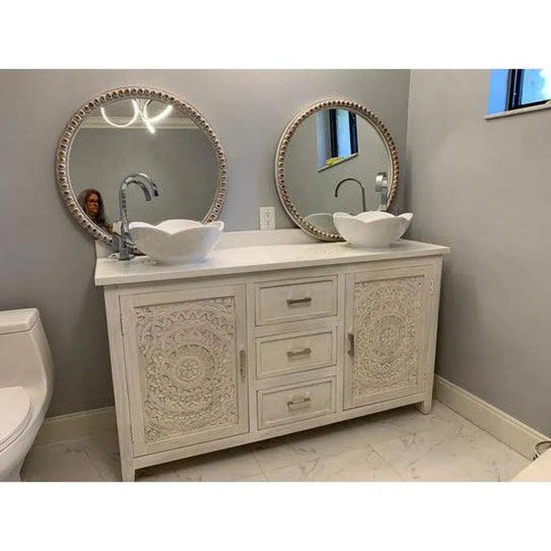 63" White Carved Wood Sideboard with Drawers