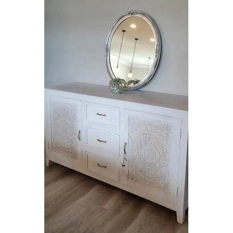 63" White Carved Wood Sideboard with Drawers